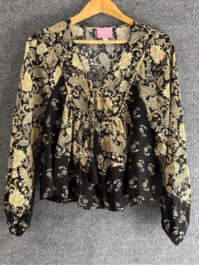 Muse Womens Paisley Bishop Sleeve Boho Top Size Small Black Peasant Tassel